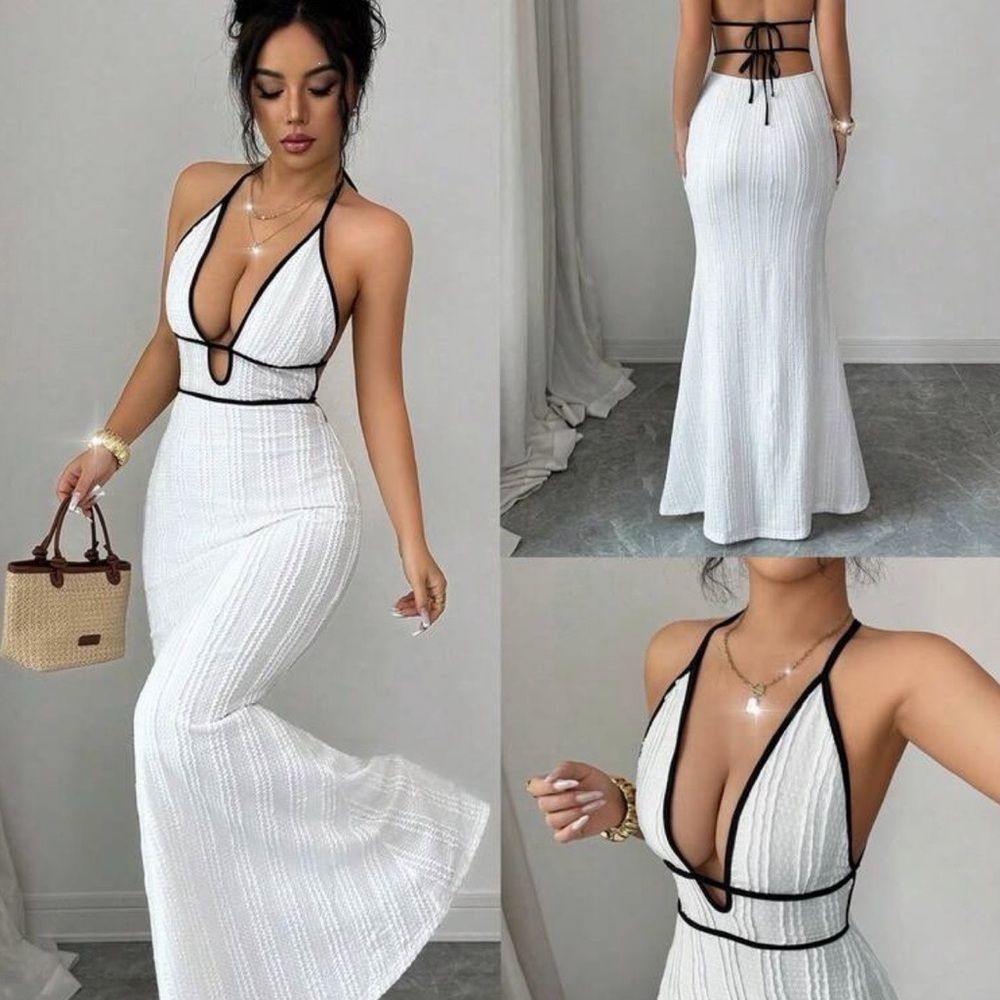 Elegant White Maxi Dress with Black Trim